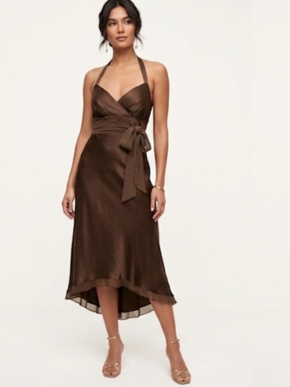 NWT BCBGMaxazria Y2K Brown Silk Chiffon Halter Midi Dress Size 6 Petite